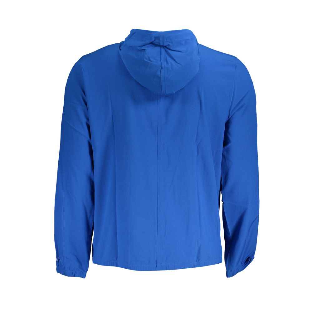 Calvin Klein Blue Polyester Men's Sport Jacket with hood and pockets, rear view.