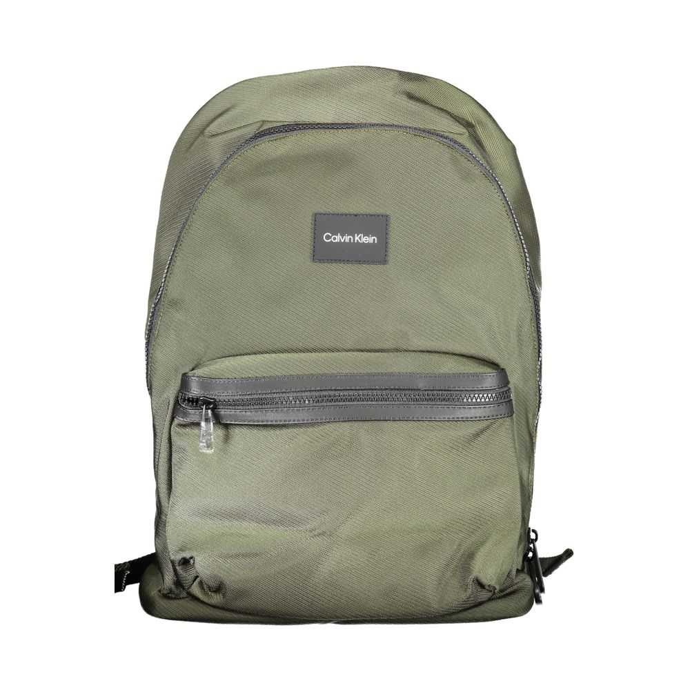 Calvin Klein Green Polyester Backpack with adjustable straps, external pocket, and laptop holder. Water repellent and eco-friendly design.