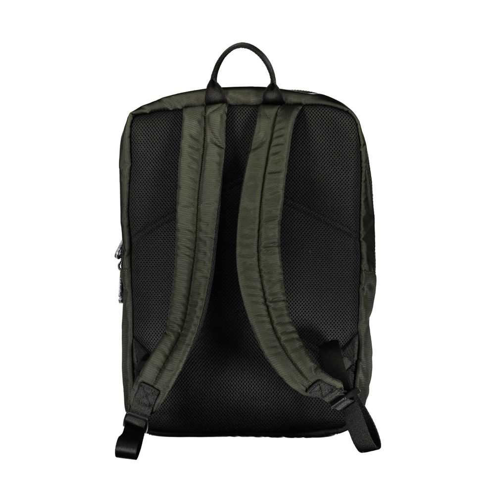 Back view of Calvin Klein Green Polyester Men Backpack with padded straps and mesh design for comfort.