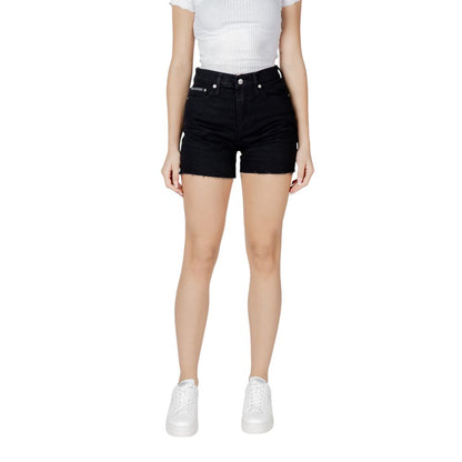 Woman wearing Calvin Klein Jeans Black Cotton Shorts, perfect for summer wardrobe with high comfort and modern design.