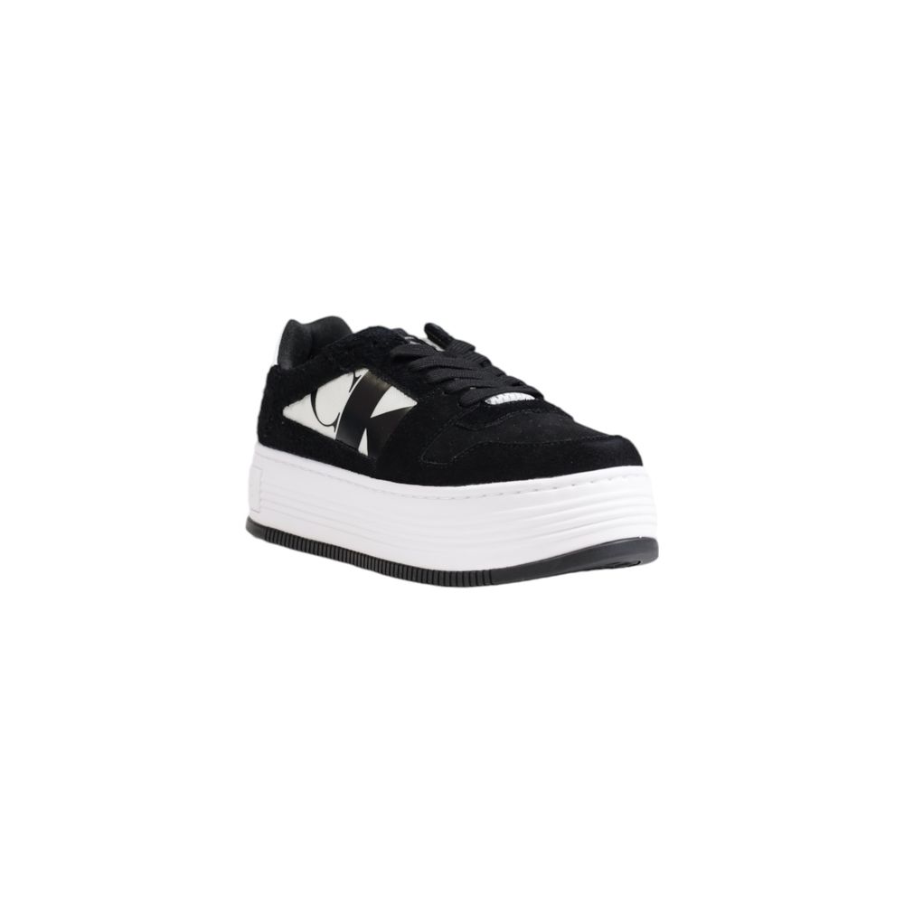 Calvin Klein Jeans Black Leather Platform Sneakers with modern design and flat sole, perfect for casual wear.