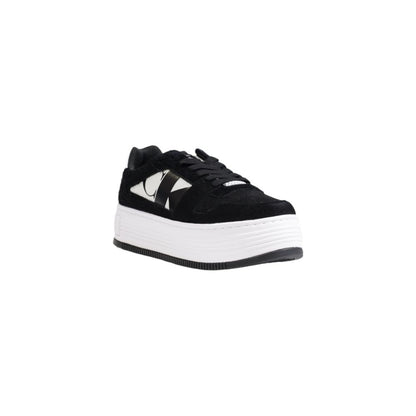 Calvin Klein Jeans Black Leather Platform Sneakers with modern design and flat sole, perfect for casual wear.