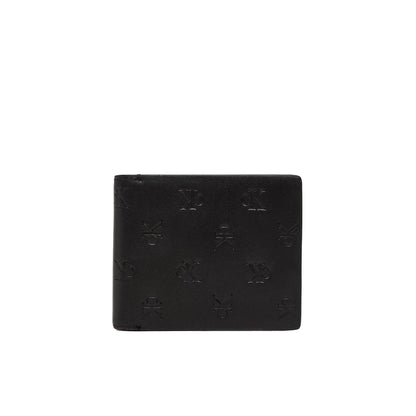 Calvin Klein Jeans Black Leather Wallet with embossed logo pattern, stylish bifold design without coin pocket, high-quality leather accessory