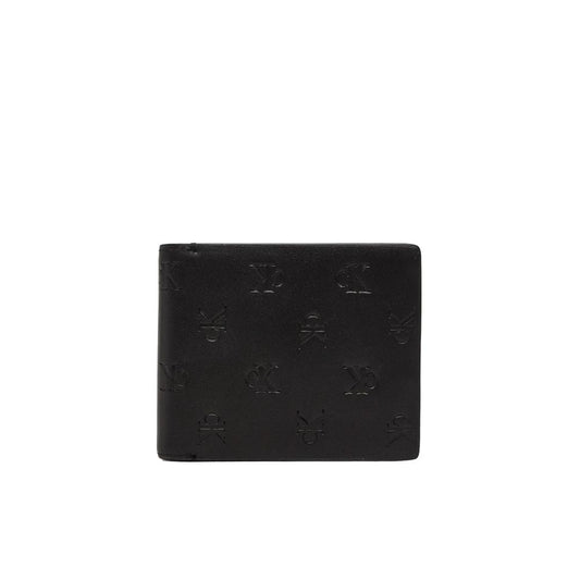 Calvin Klein Jeans Black Leather Wallet with embossed logo pattern, stylish bifold design without coin pocket, high-quality leather accessory