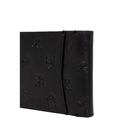 Calvin Klein Jeans Black Leather Wallet with embossed logo pattern, slim bifold design for modern style and functionality.