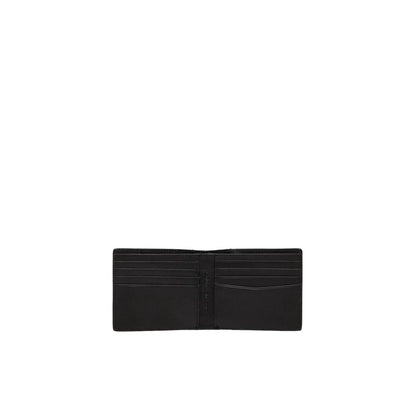 Calvin Klein Jeans Black Leather Wallet open view showing card slots and slim bifold design, stylish embossed logo pattern.