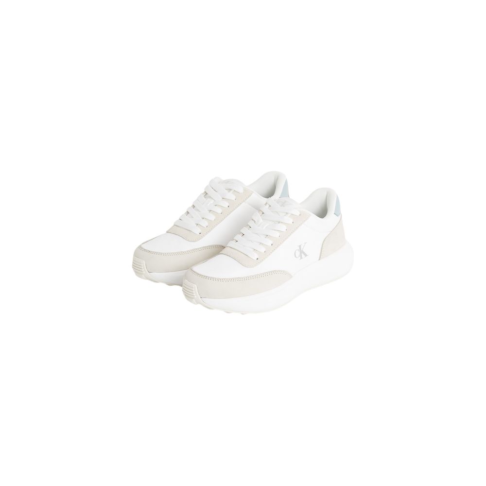 Calvin Klein Jeans Cream Leather Athletic Sneakers featuring premium leather, sporty style, and iconic ‘ck’ logo.
