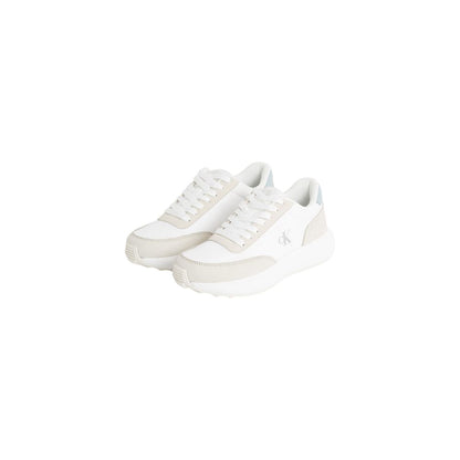 Calvin Klein Jeans Cream Leather Athletic Sneakers featuring premium leather, sporty style, and iconic ‘ck’ logo.