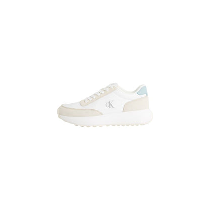 Calvin Klein Jeans Cream Leather Athletic Sneakers featuring 'ck' logo and minimalist design on the side view.