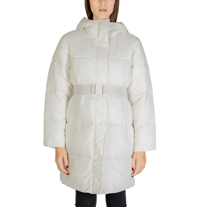 Calvin Klein Jeans Cream Nylon Coat with logo belt, women's long puffer style, offering warmth and modern silhouette