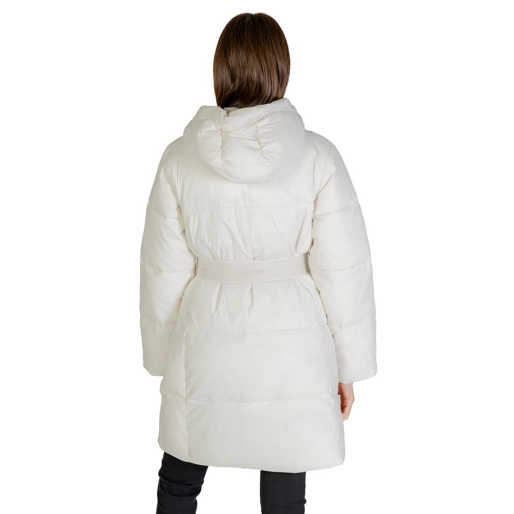 Back view of Calvin Klein Jeans Cream Nylon Coat with hood and logo belt, showcasing modern silhouette and waist accentuation.