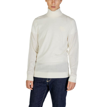 Calvin Klein Jeans Cream Wool Turtleneck sweater for men, minimalist design, perfect for winter wardrobe, 100% wool high collar top