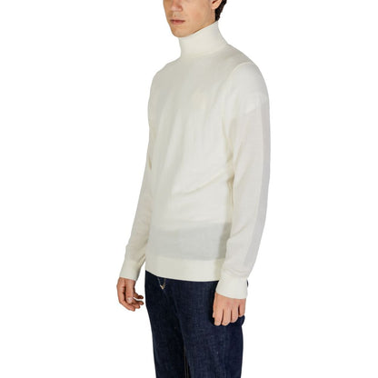 Calvin Klein Jeans Cream Wool Turtleneck for men with high collar, minimalist design, and comfortable fit.