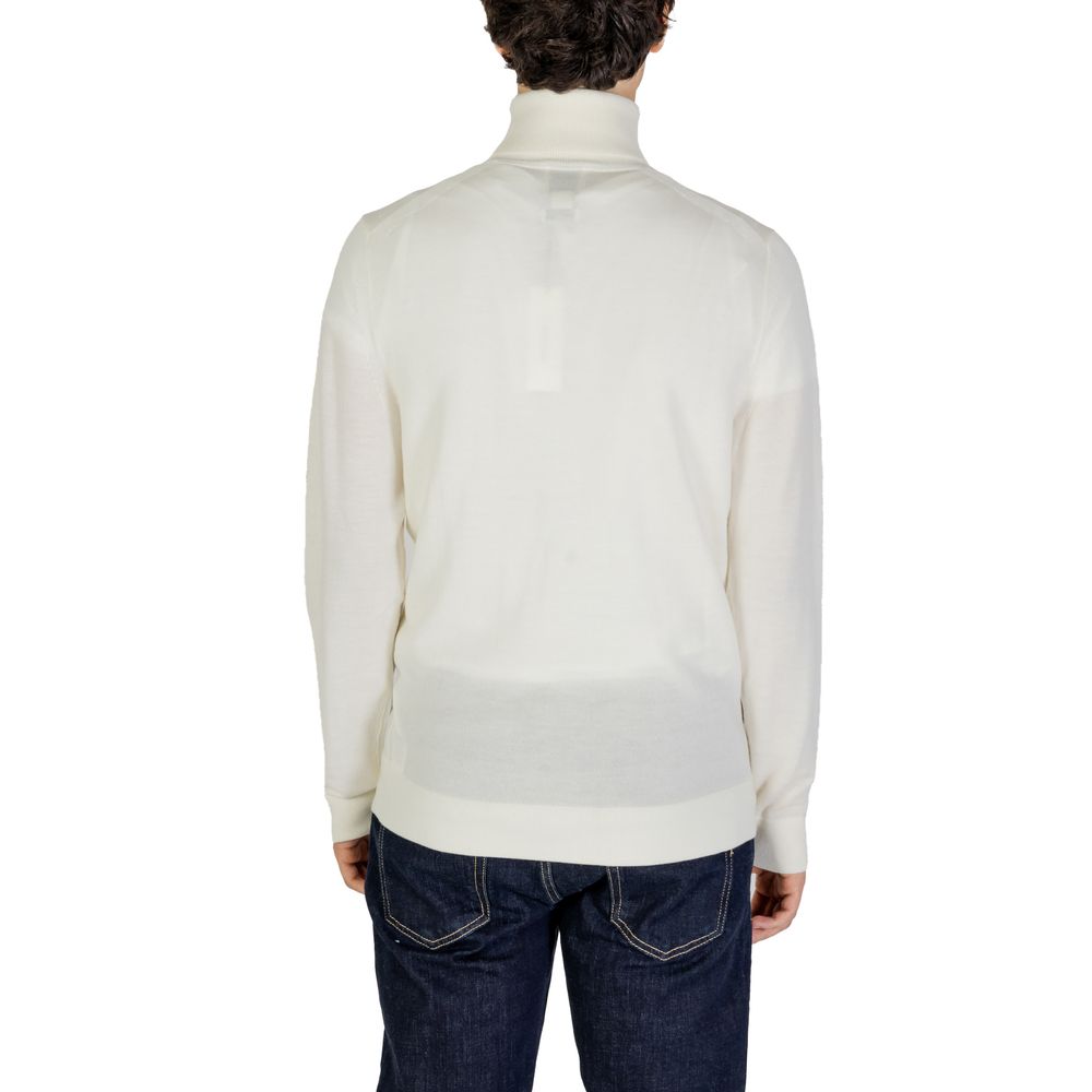 Back view of Calvin Klein Jeans Cream Wool Turtleneck for men, showcasing elegant minimalist design and high-quality wool fabric.
