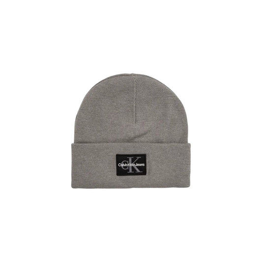 Calvin Klein Jeans Gray Cotton Cap (Baseball Hat) featuring a logo patch, perfect for winter warmth and style.