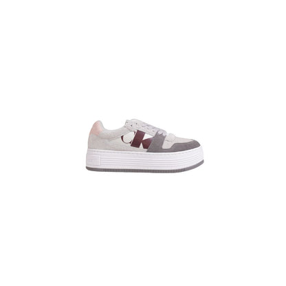 Calvin Klein Jeans Gray Leather Platform Sneakers for women with modern design and flat sole, perfect for casual outfits and comfort.