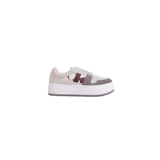 Calvin Klein Jeans Gray Leather Platform Sneakers for women with modern design and flat sole, perfect for casual outfits and comfort.