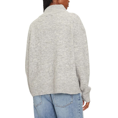 Back view of Calvin Klein Jeans Gray Polyester Cardigan on a woman, showcasing the textured design and relaxed fit for elegance and comfort.