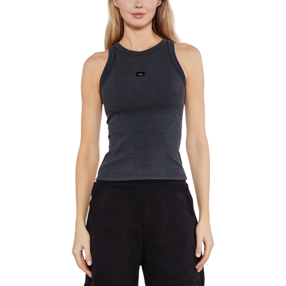 Woman wearing Calvin Klein Jeans Gray Recycled Cotton Tank Tops, showcasing a fitted, stylish design for casual or sporty looks.