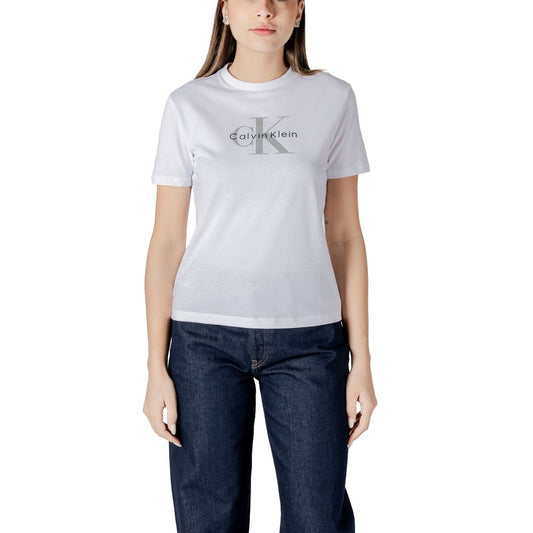 Calvin Klein Jeans White Cotton T-Shirt on woman showcasing logo and minimalist design, perfect for casual elegance.