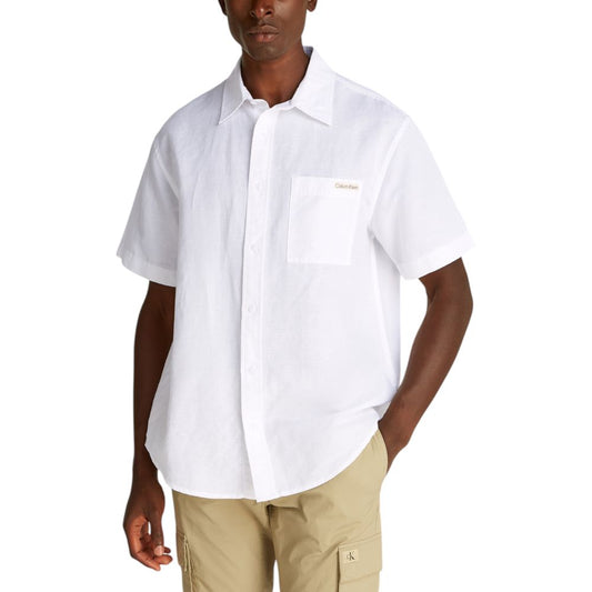 Calvin Klein Jeans White Linen Shortsleeve Shirt for men, elegant design with chest pocket and button closure, perfect for summer.