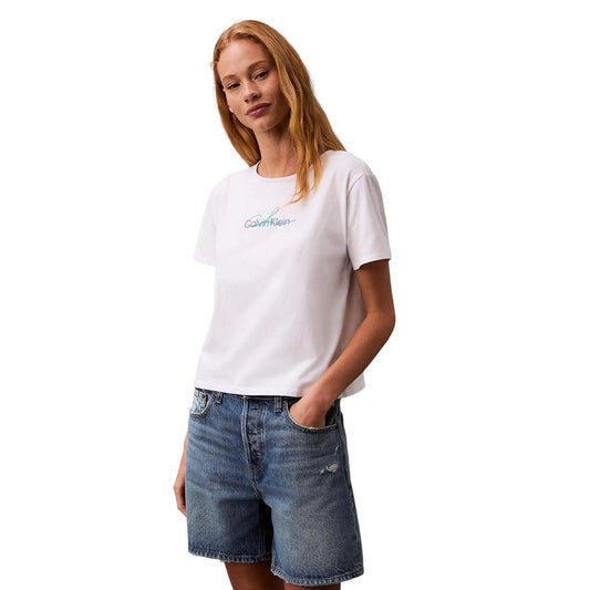 Calvin Klein Jeans White Recycled Cotton T-Shirt on model wearing denim shorts