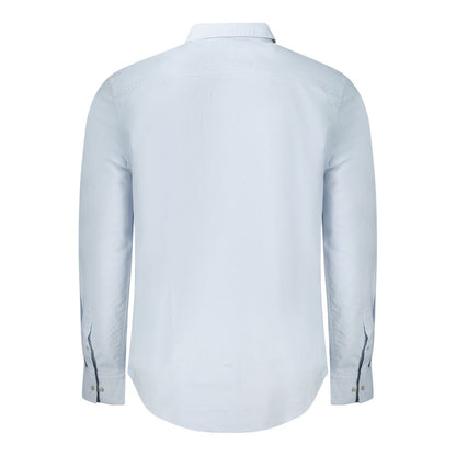 Back view of Calvin Klein Light Blue Cotton Men Shirt with long sleeves, button-down collar, and adjustable cuffs.