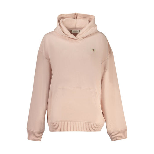 Calvin Klein Pink Cotton Women Sweater with hood and logo, featuring long sleeves and central pocket for casual elegance.