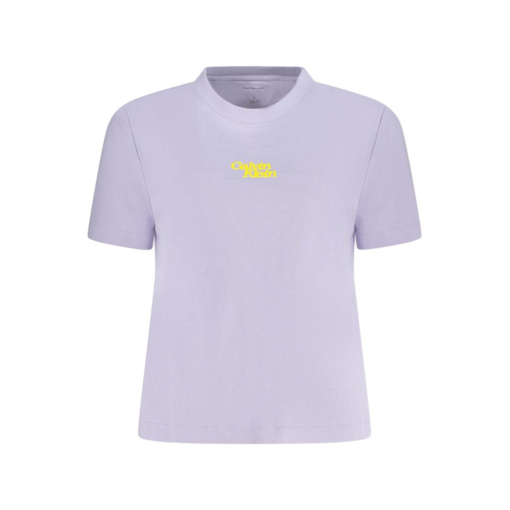 Calvin Klein Purple Cotton Women T-Shirt with logo; soft breathable cotton, crew neck, short sleeves, sleek purple hue fashion staple.
