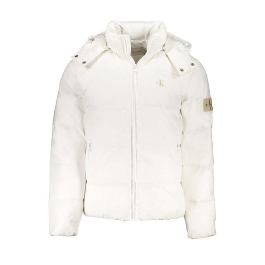 Calvin Klein White Polyamide Men Jacket with removable hood and logo, eco-friendly high-fashion statement piece, front view