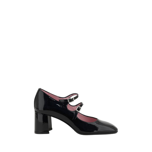 Carel Paris Black Calf Leather Bos Taurus Mid Heel Pumps with patent leather and 6-cm beveled heel, elegant two-strap design for support.