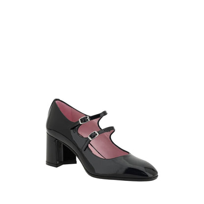 Carel Paris Black Calf Leather Bos Taurus Mid Heel Pumps with elegant double straps and a 6-cm beveled heel for stability and style.