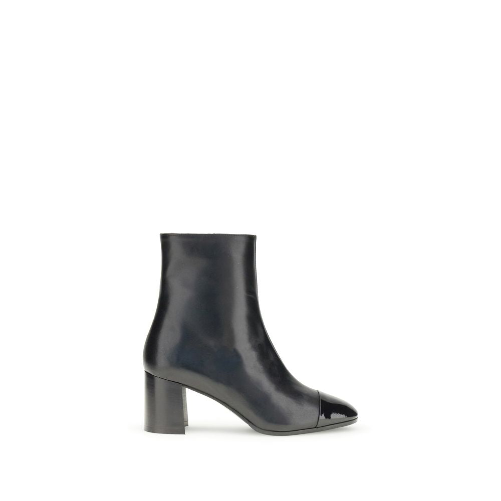 Carel Paris Black Leather Ankle Boots with patent toe and flared heel, side zip closure for AW25 fashion, elegant retro style.