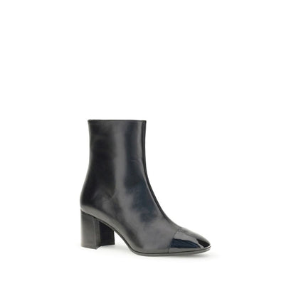 Carel Paris Black Leather Ankle Boots with patent toe and flared heel, featuring side zip closure for a retro elegant style.