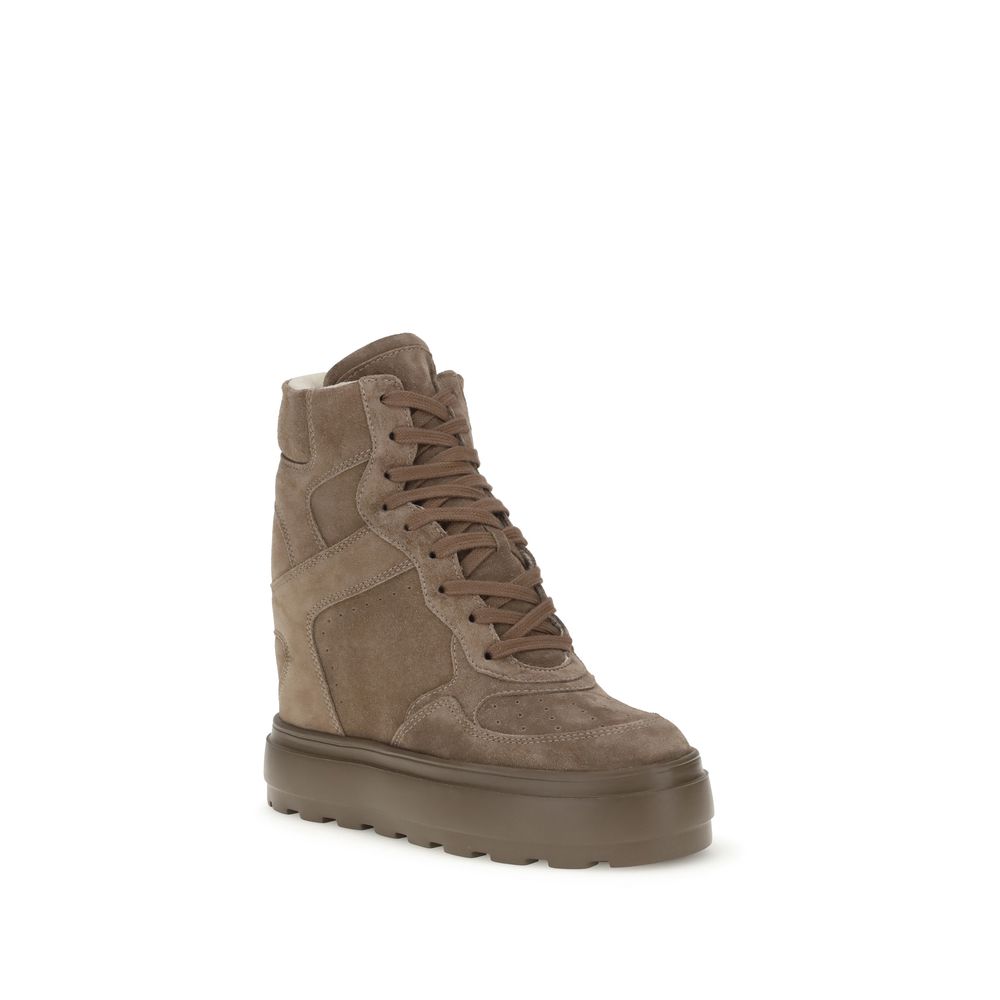 Casadei Beige Calf Leather Bos Taurus Sneakers with hidden wedge and rubber lugged sole.