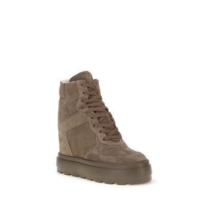 Casadei Beige Calf Leather Bos Taurus Sneakers with hidden wedge and rubber lugged sole.