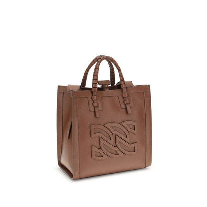 Casadei Brown Calf Leather Bos Taurus Shoulder Bag with embossed logo and tubular handles, featuring versatile removable strap.