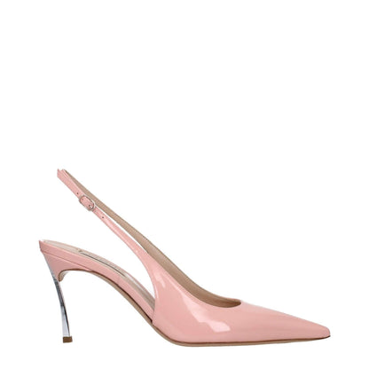 Casadei Pink Leather High Heel Pumps with silver details, buckle closure, and 8.5 cm heel, side view.