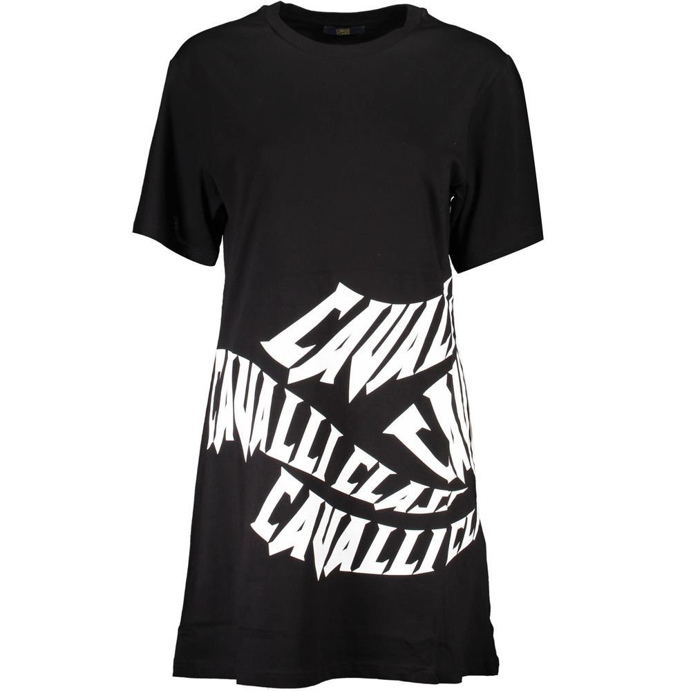 Cavalli Class Black Cotton Dress with short sleeves, round neck, and printed logo design.