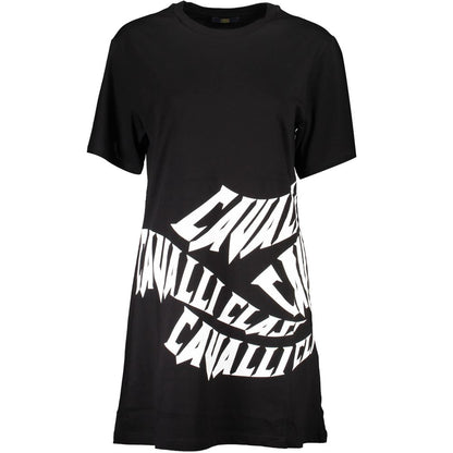 Cavalli Class Black Cotton Dress with short sleeves, round neck, and printed logo design.