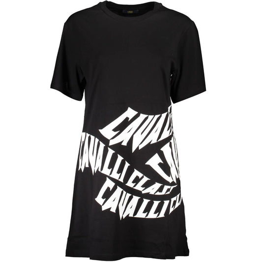 Cavalli Class Black Cotton Dress with short sleeves, round neck, and printed logo design.