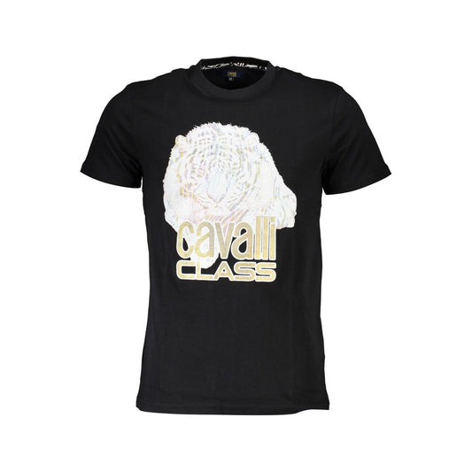 Cavalli Class Black Cotton Men T-Shirt with bold print and logo, short sleeve, crew neck style for fashion-forward trendsetters.