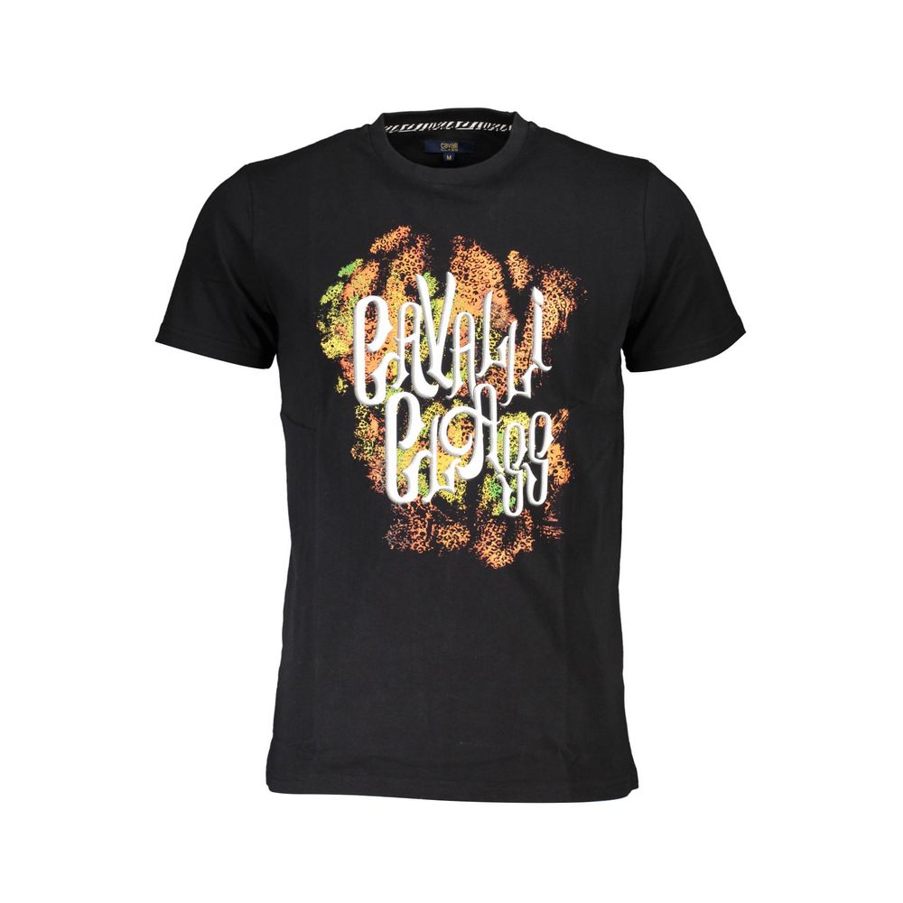 Cavalli Class Black Cotton Men T-Shirt with bold print and iconic logo, high-end casual chic, supreme comfort.