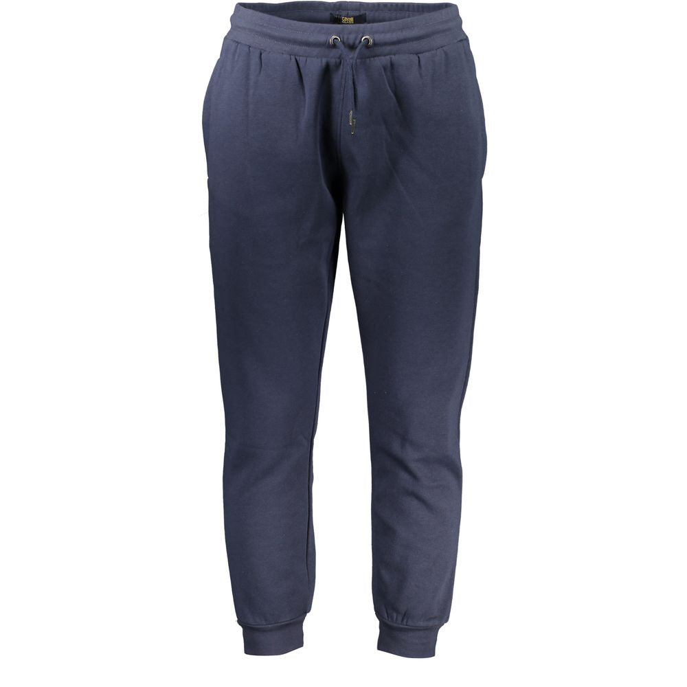 Cavalli Class Blue Cotton Pant with elastic waist, laces, 3 pockets, ankle cuff, and embroidery logo.
