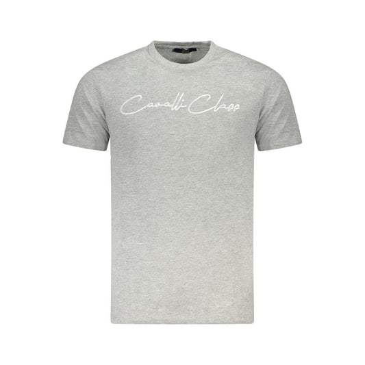 Cavalli Class Gray Cotton Men T-Shirt featuring short sleeves and crew neck with bold print for a stylish, luxurious look.