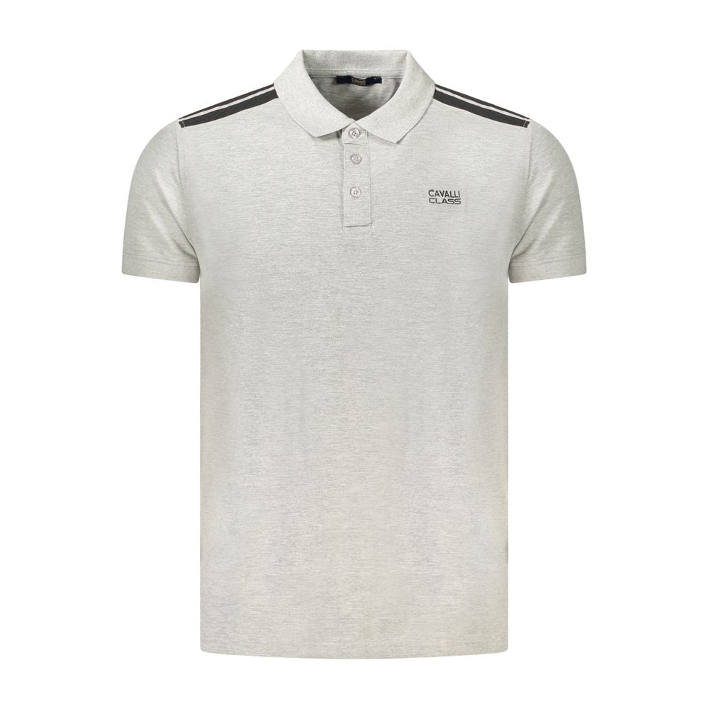 Cavalli Class Gray Cotton Polo Shirt featuring short sleeves, 3 buttons, contrasting details, and embroidered logo for stylish casual wear.
