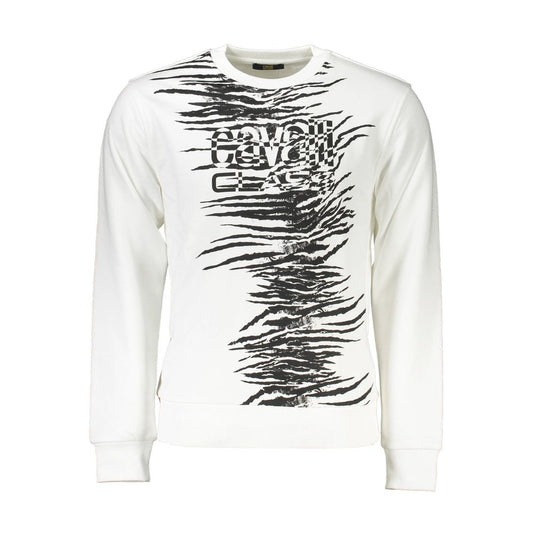 Cavalli Class White Cotton Men Sweater with striking print and logo, long sleeves, and crew neck design for style and comfort.