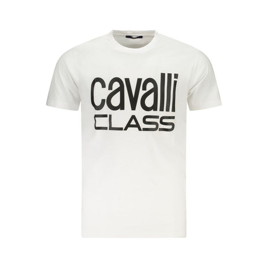 Cavalli Class White Cotton T-Shirt with logo print, crew neck, and short sleeves.