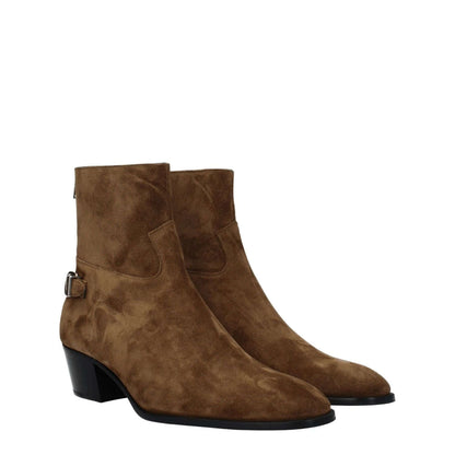 Celine Brown Leather Ankle Boots with vintage effect, zip closure, mid heels, round toe, suede finish, and leather sole.