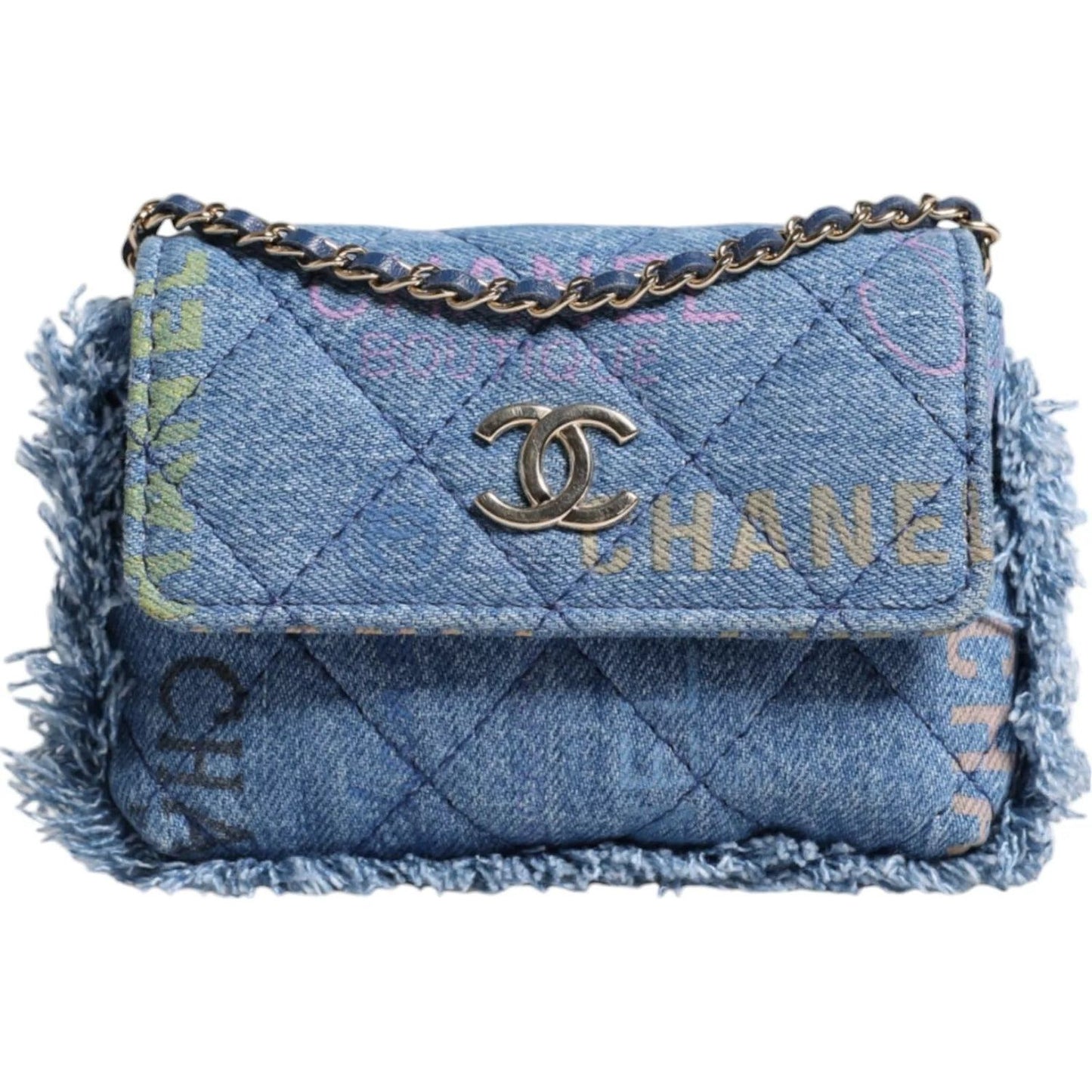 Chanel Denim Mood Flap Micro Logo Printed Fringed Shoulder Bag CHA185